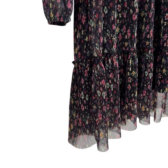 Zara Floral Pleated Sheer Sleeve Keyhole Back Tiered Mini Dress Black Size 11-12 - Picture 5 of 8